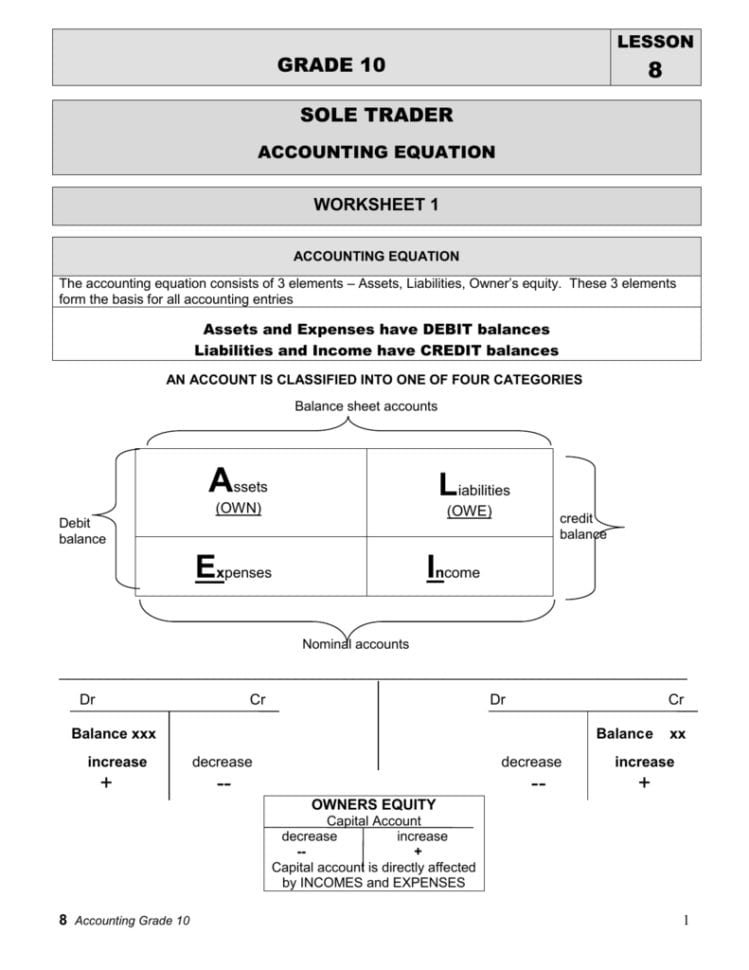 Grade 10 Lesson 8 Sole Trader Accounting Equation