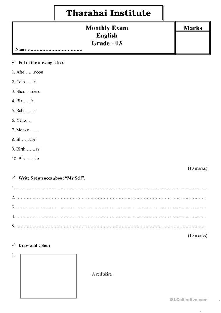 Grade 3 English Monthly Exam Paper English Esl Worksheets Db excel