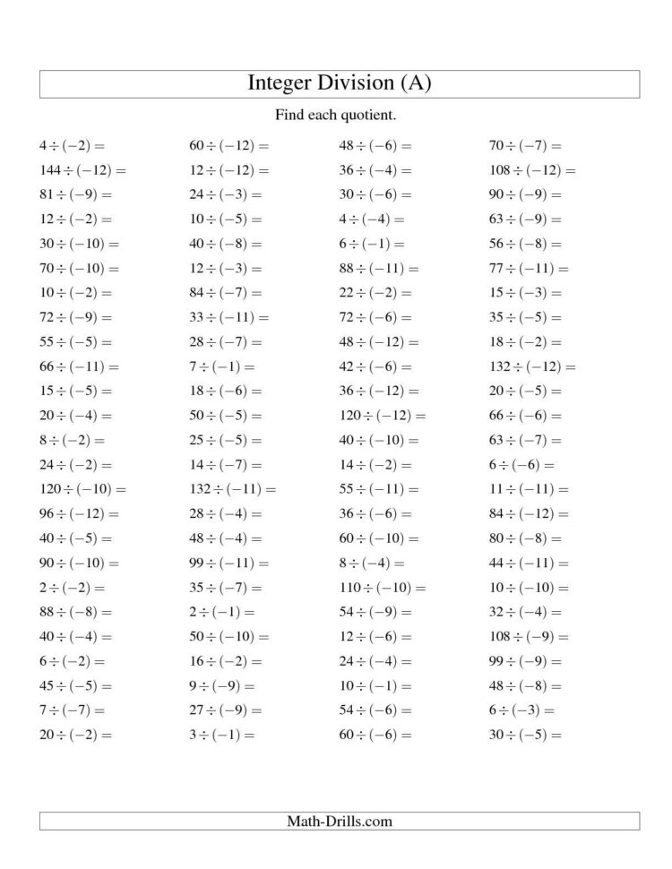 Grade 7 Math Worksheets Integers  Printable Worksheet Page
