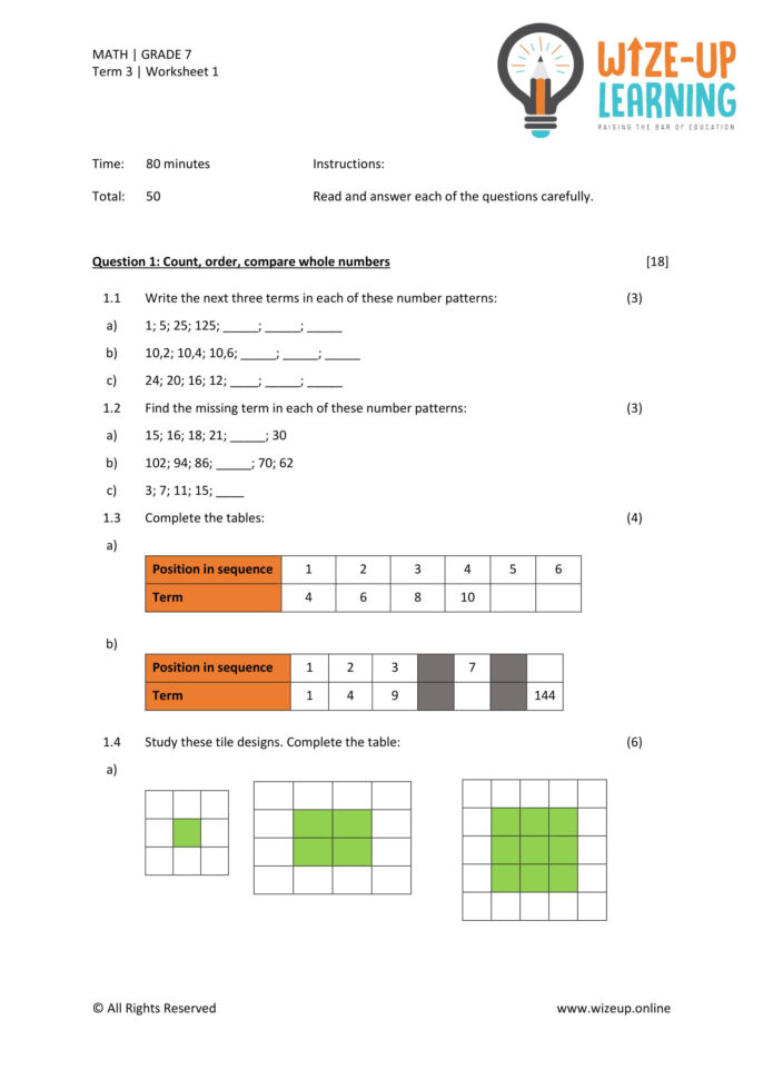 Grade 7 Term 3 Math Assessment 2