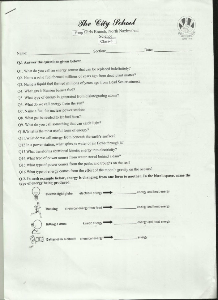 Grade 8 Science Worksheet  Tcspgnn