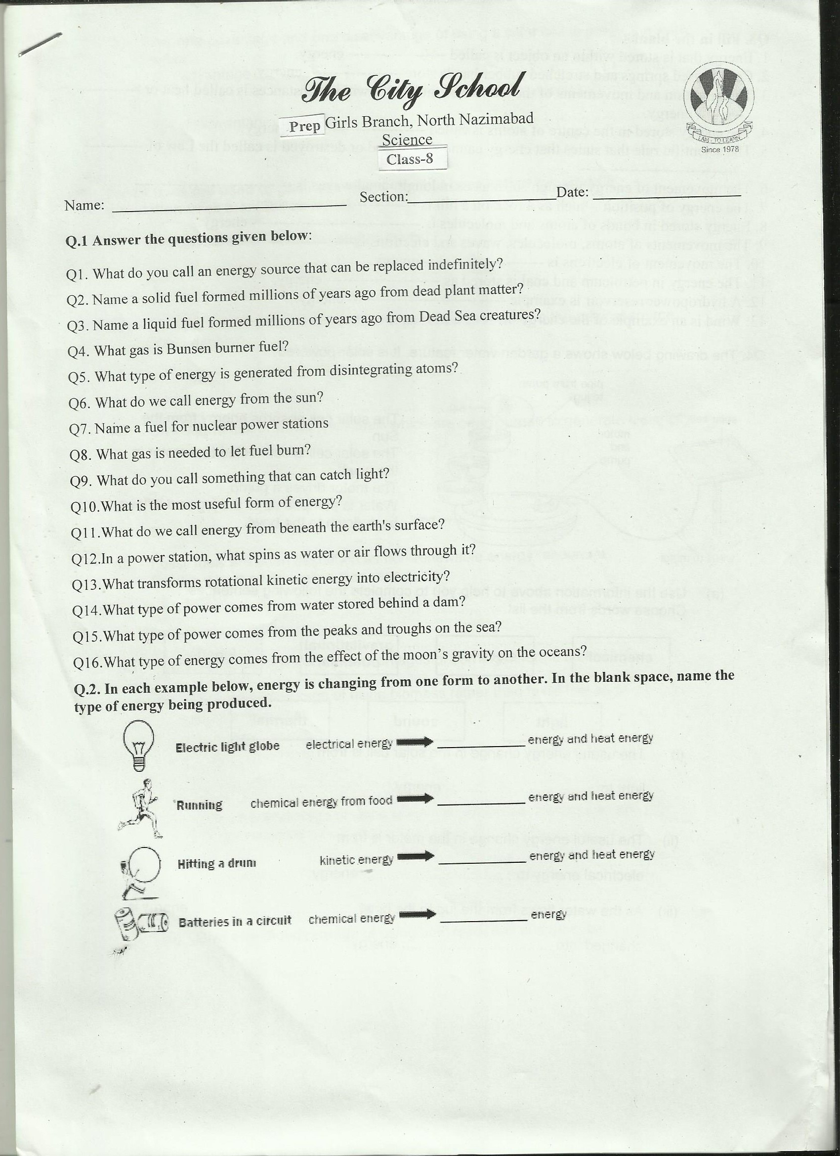 Grade 8 Science Worksheet  Tcspgnn