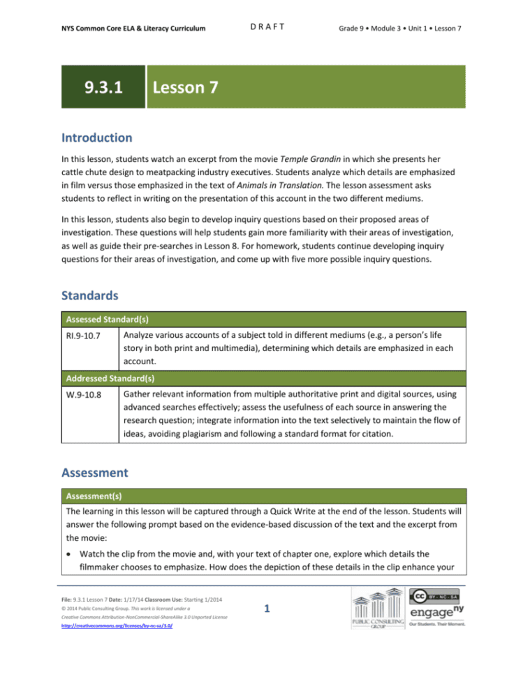 Grade 9 Ela Module 3 Unit 1 Lesson 7
