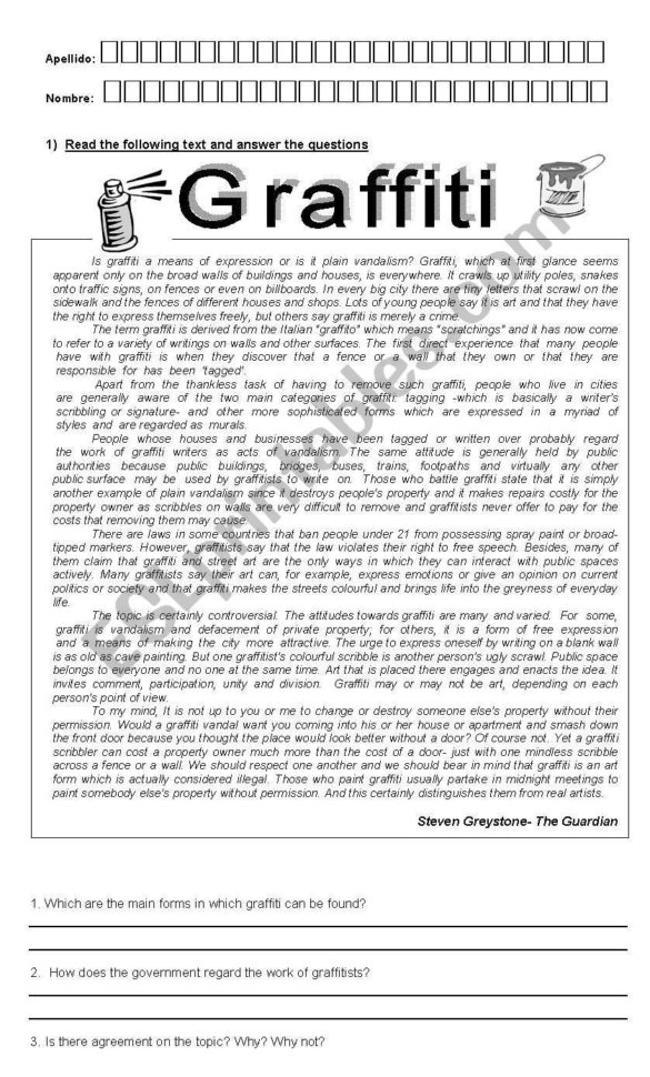 Graffiti Reading Comprehension  Esl Worksheetberny76