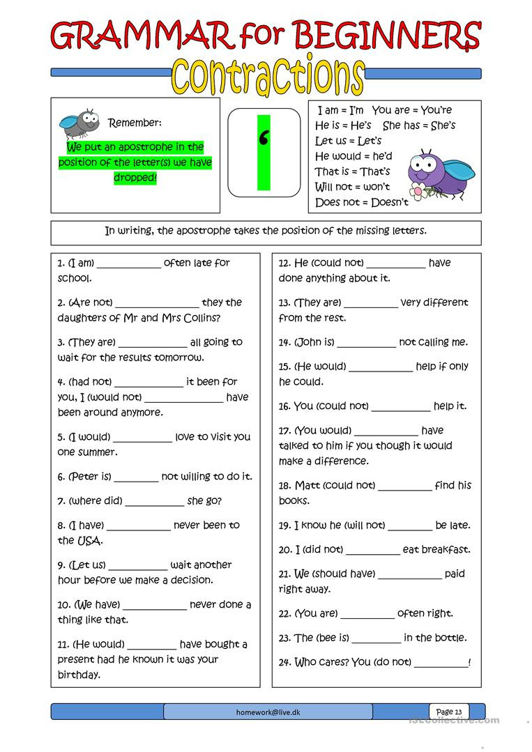 Grammar For Beginners Contractions  English Esl Worksheets