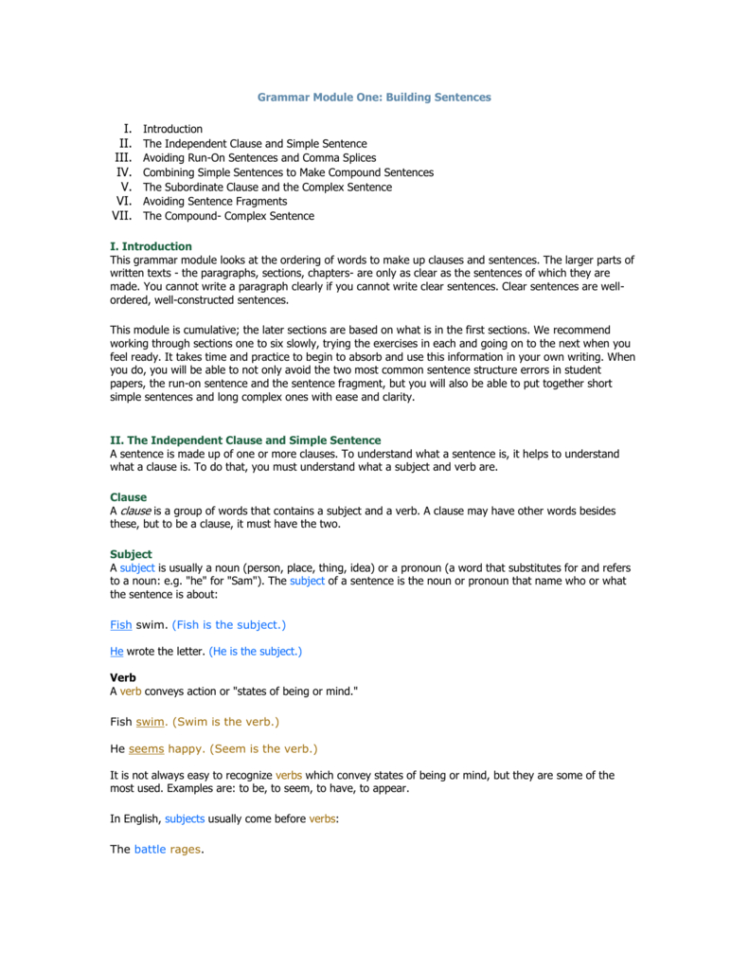 Grammar Module One Building Sentences