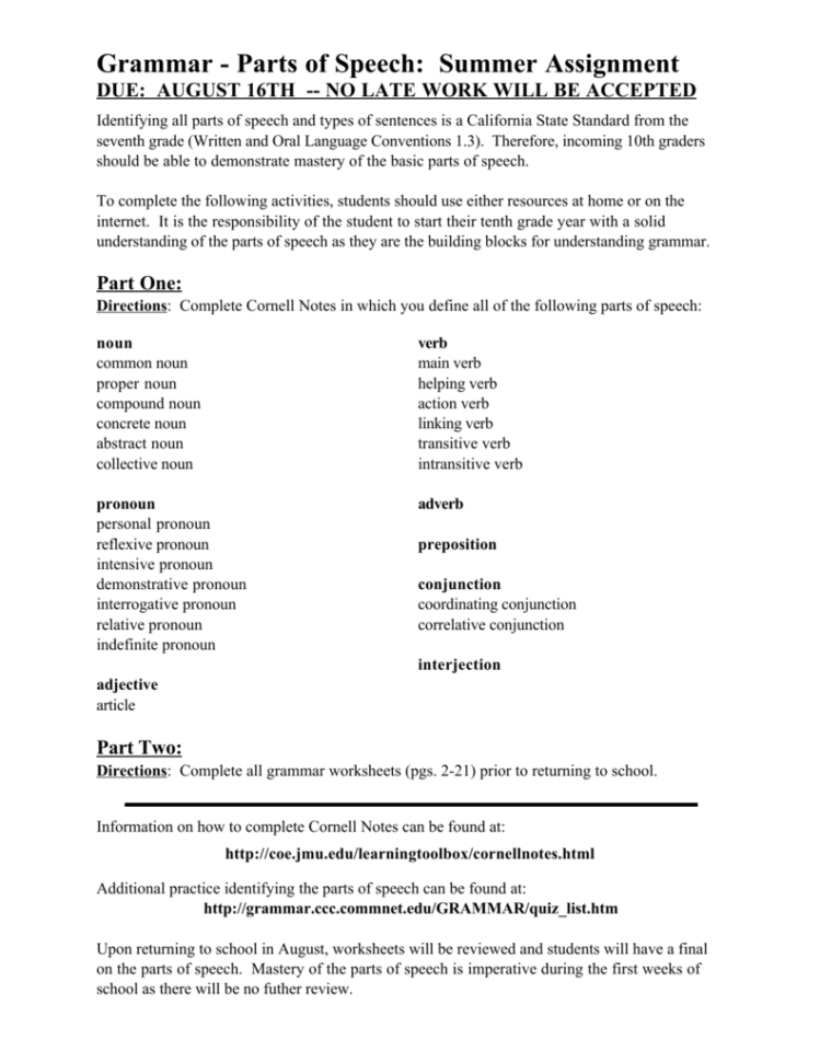 Grammar  Parts Of Speech Summer Assignment