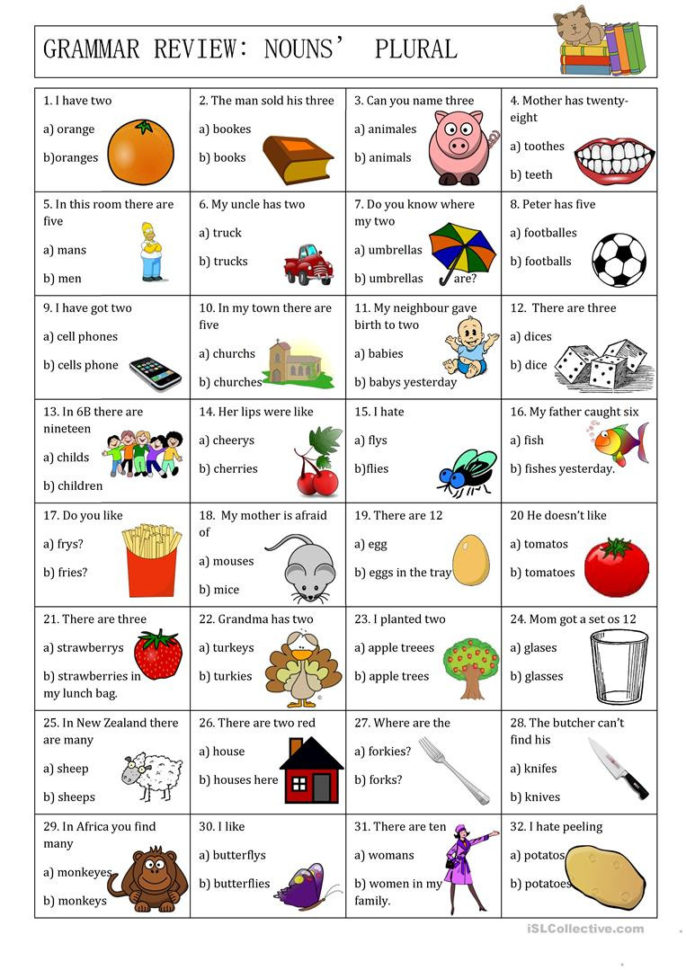 Grammar Review Nouns' Plural  English Esl Worksheets