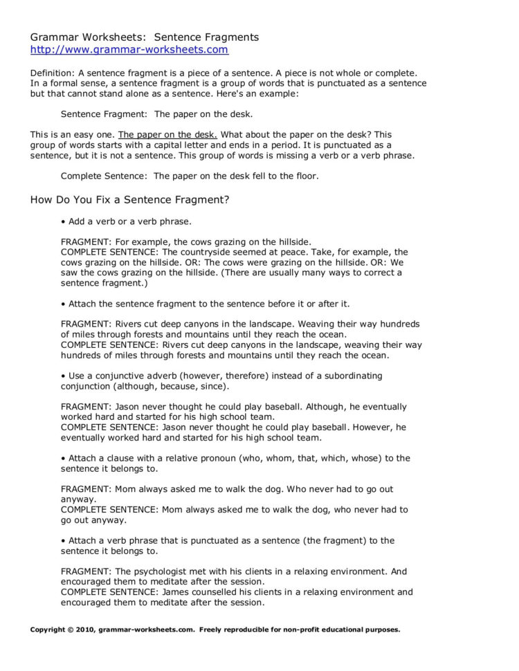 Grammar Worksheets Sentence Fragments Www