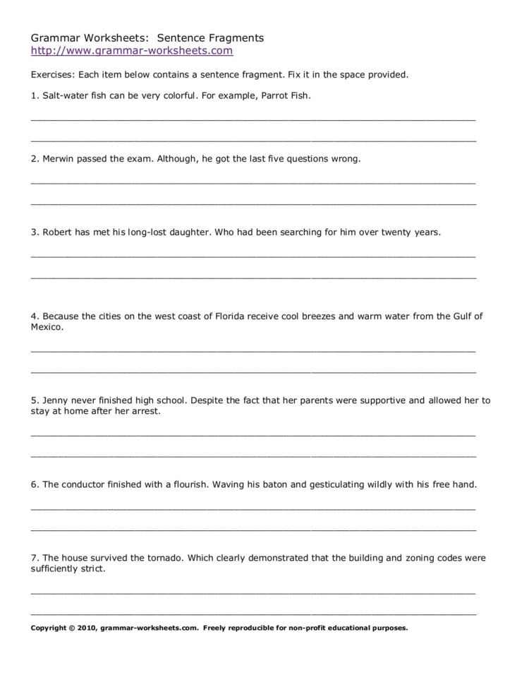 Grammar Worksheets Sentence Fragments Www