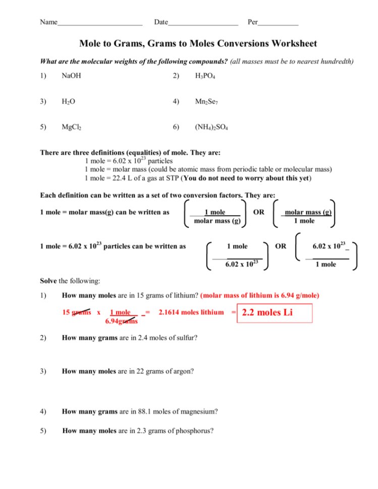 Mole To Grams Grams To Moles Conversions Worksheet Answers — db-excel.com