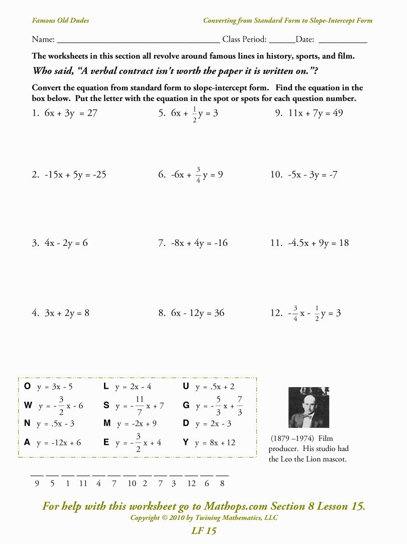 Graphing Linear Equations In Standard Form Worksheet 11 Db excel