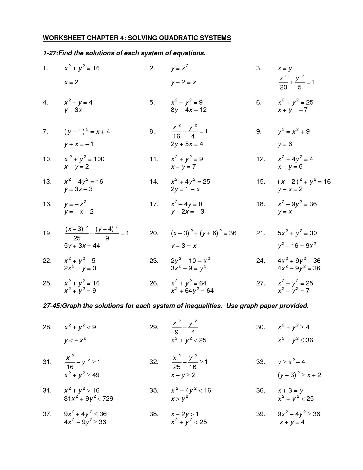 Systems Of Quadratic Equations Worksheet