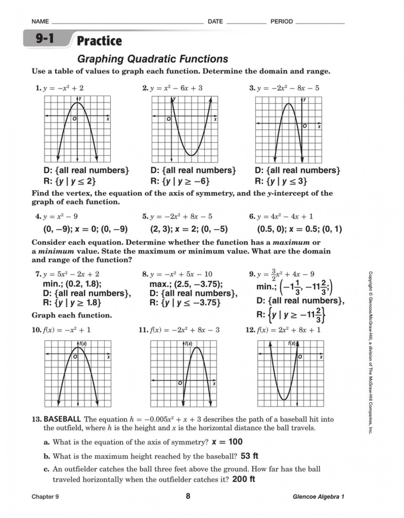 Practice Worksheet Graphing Quadratic Functions In Vertex Form Answer Key Db excel