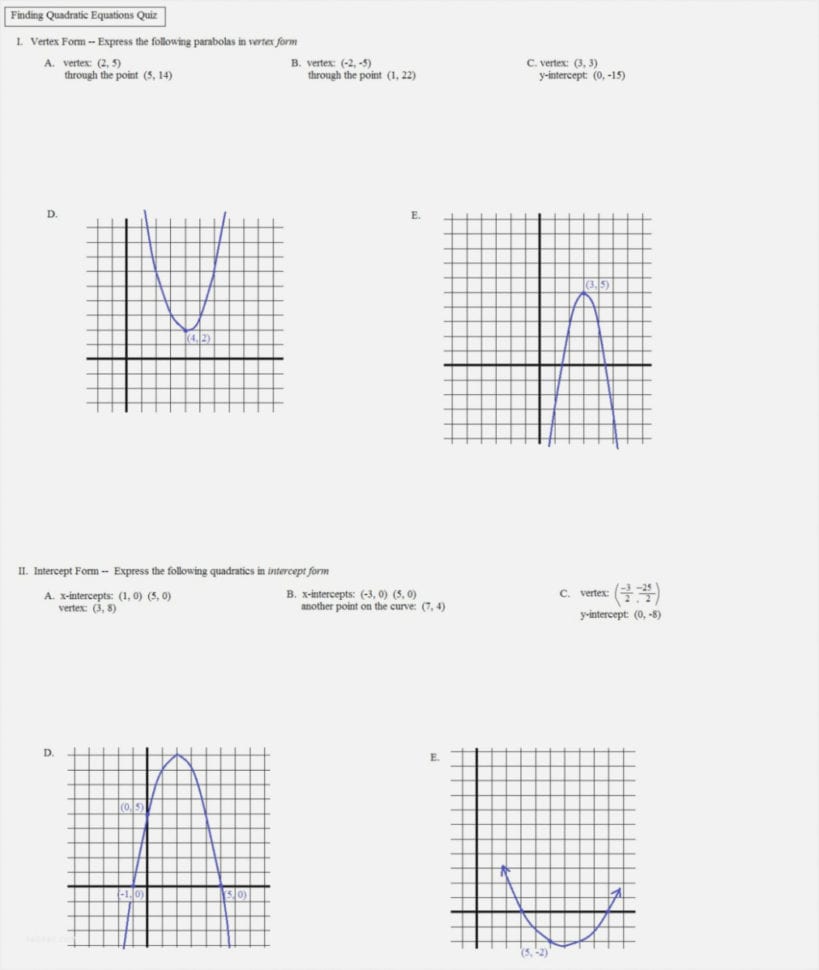 Graphing Quadratic Functions In Vertex Form Worksheet
