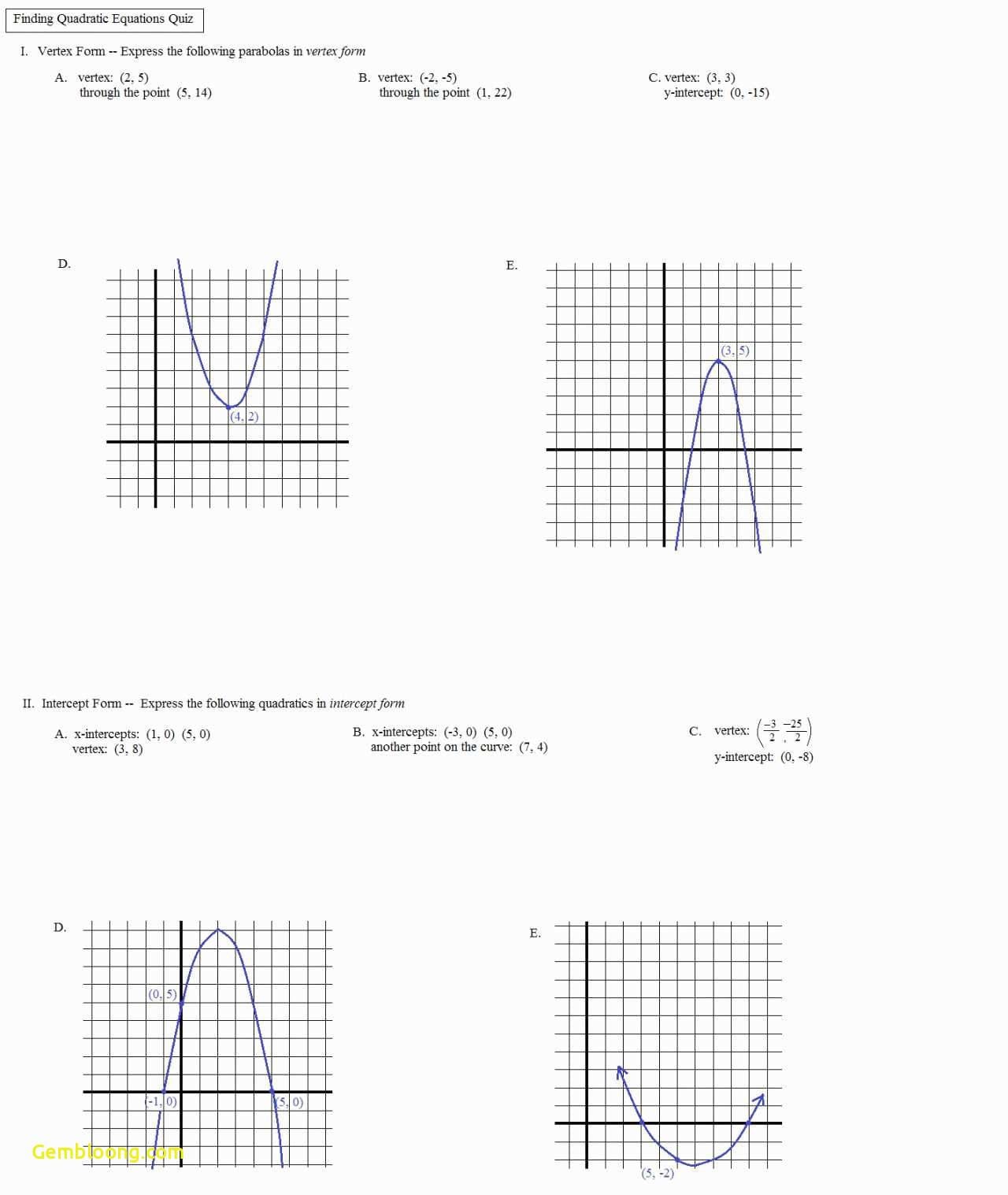 Graphing Quadratic Functions In Standard Form Worksheet — Db