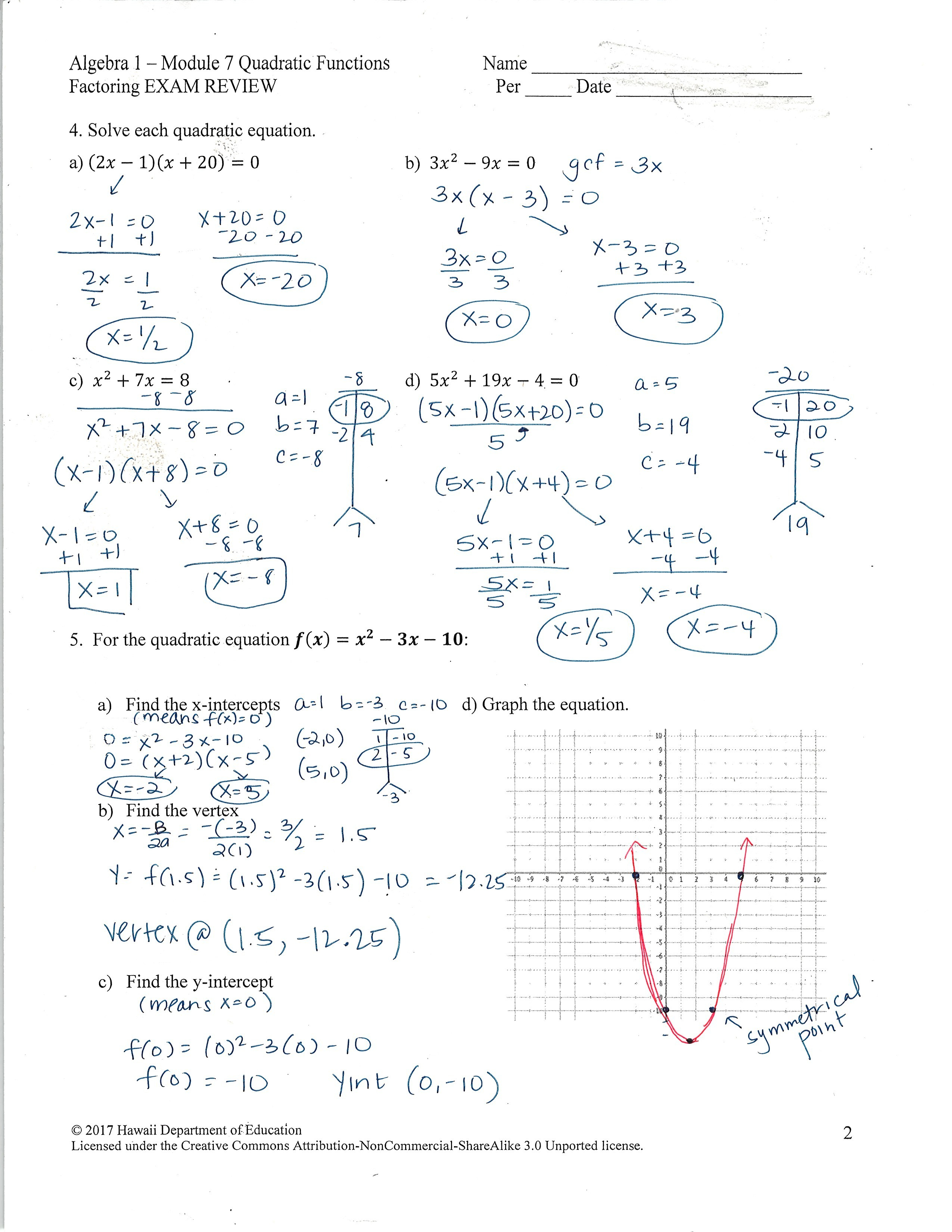 solving quadratic equations by graphing practice worksheet