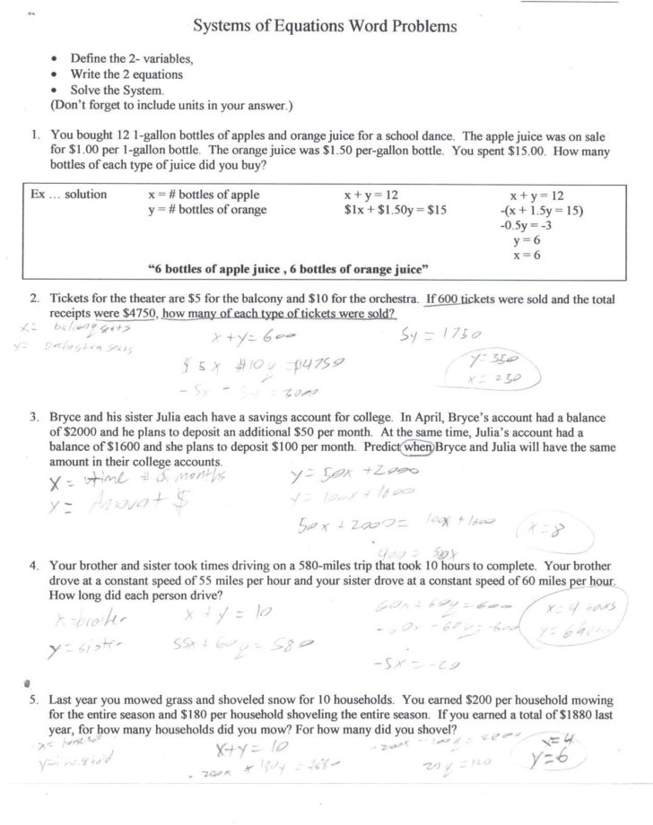Solving Systems Of Equations Word Problems Worksheet Answer Key