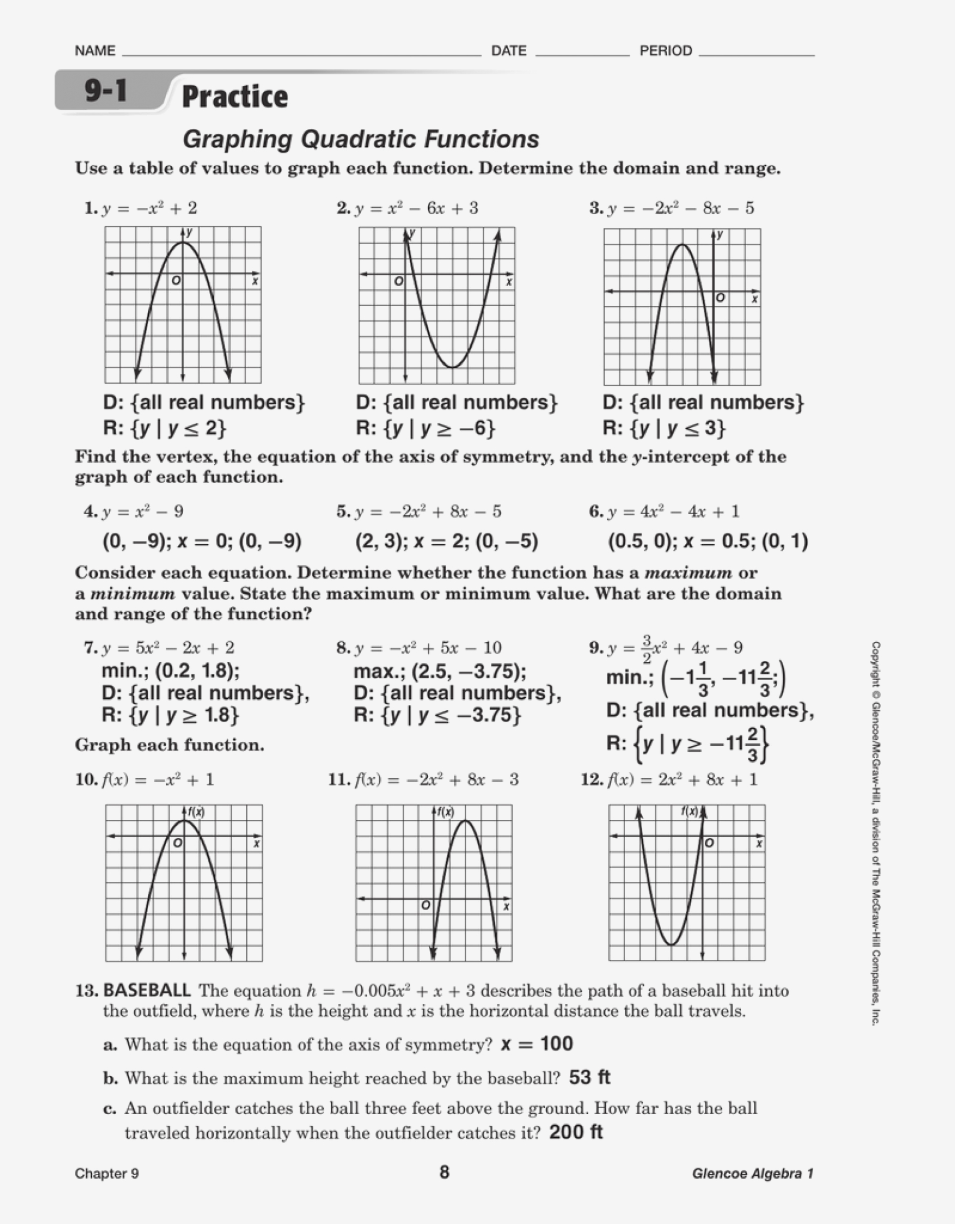 Vertex Form Of Parabolas Worksheet Answers Within Quadratic Functions Worksheet Answers