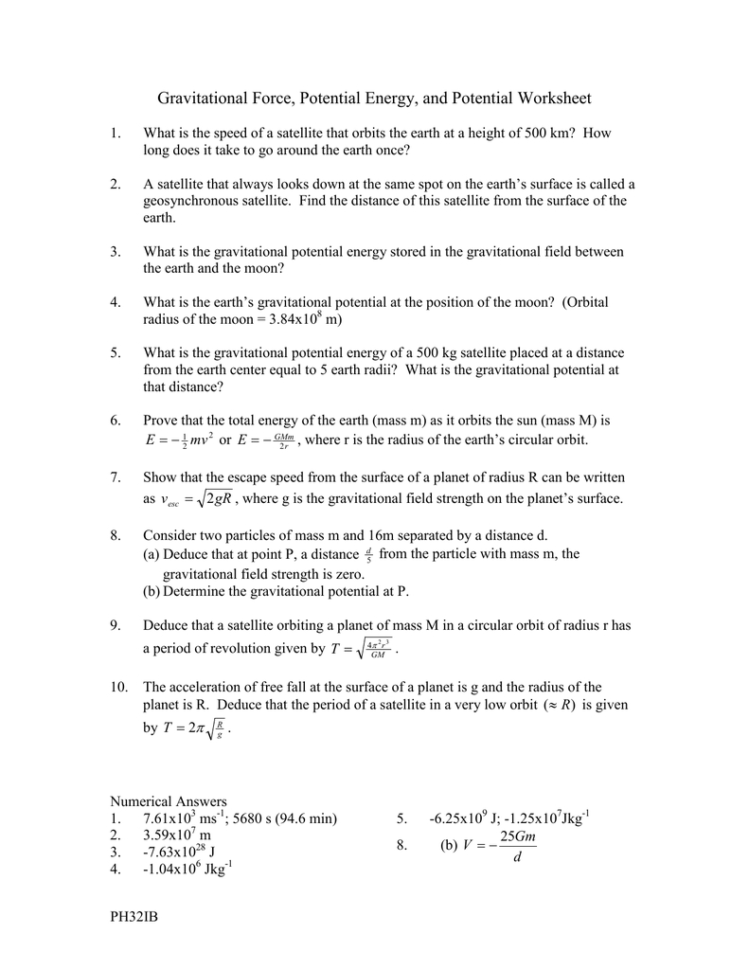 Gravitational Force Potential Energy And Potential Worksheet