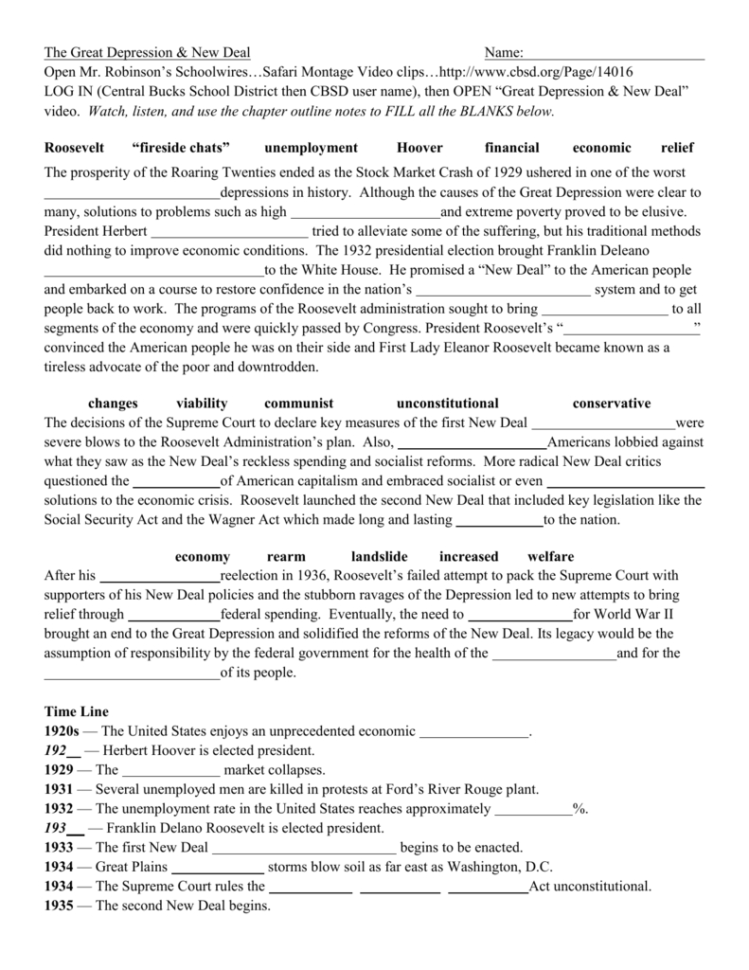 Great Depression And New Deal Video Worksheet 2