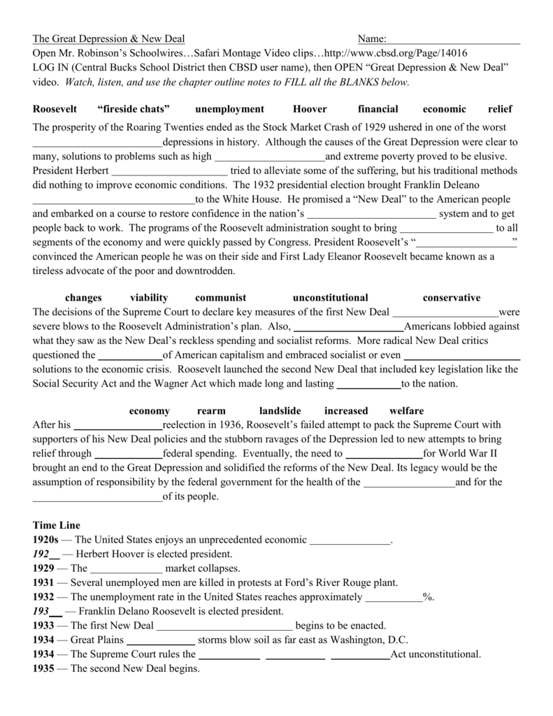 Great Depression And New Deal Video Worksheet 2