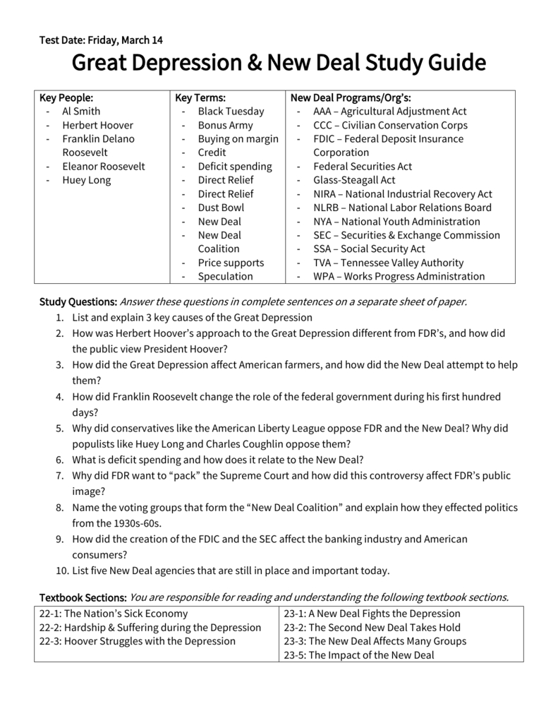 Great Depression  New Deal Study Guide