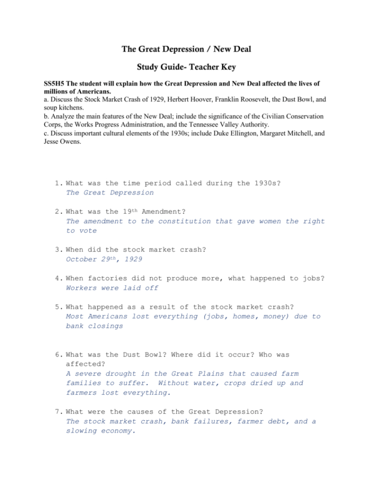 Great Depression Study Guide Answer Key