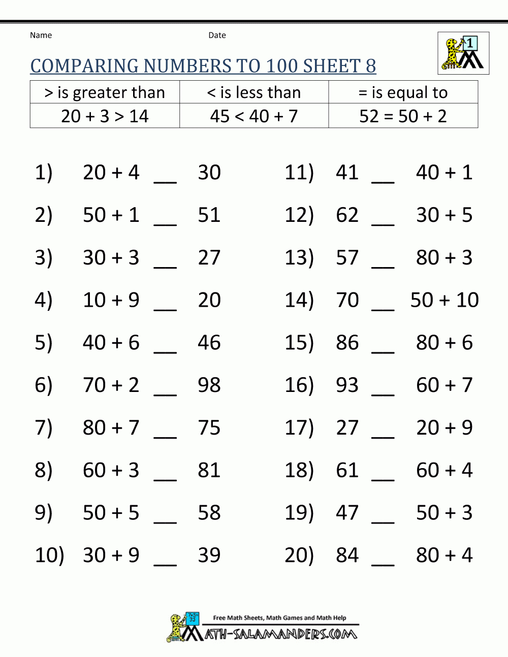 Greater Than Less Than Worksheet  Comparing Numbers To 100