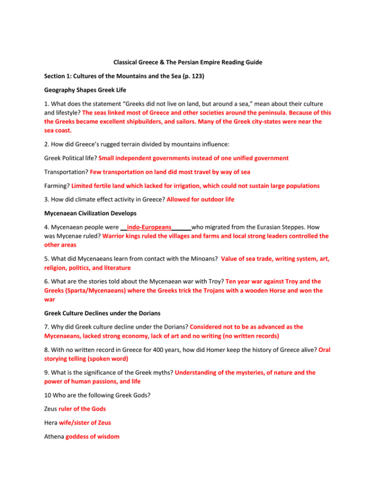 Greece Reading Guide Questions And Answers 1 Greece Reading Guide Questions And Answers 1