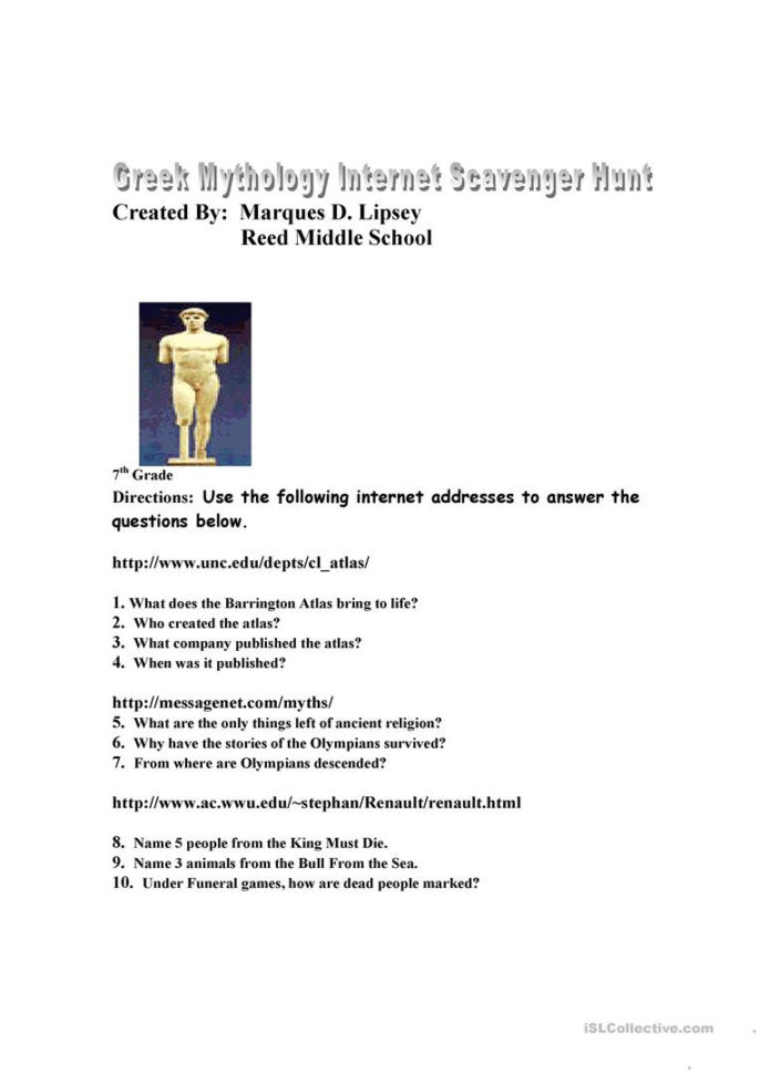 Greek Mythology Scavenger Hunt  English Esl Worksheets