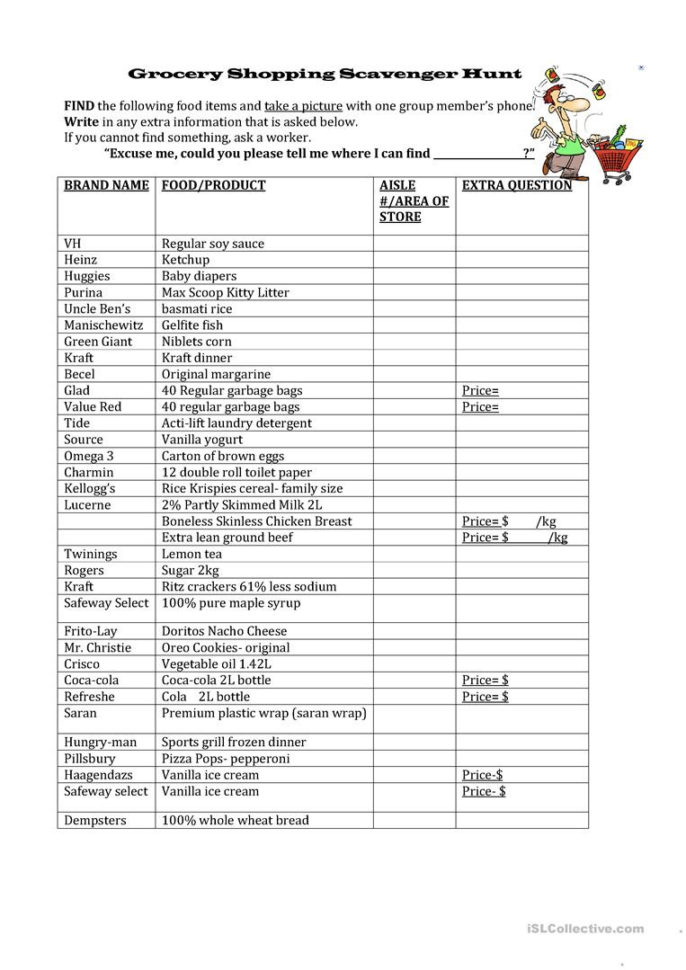 Grocery Shopping Scavenger Hunt  English Esl Worksheets