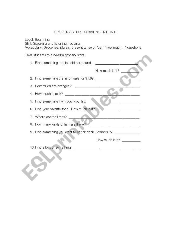 Grocery Store Scavenger Hunt  Esl Worksheetallieuofm