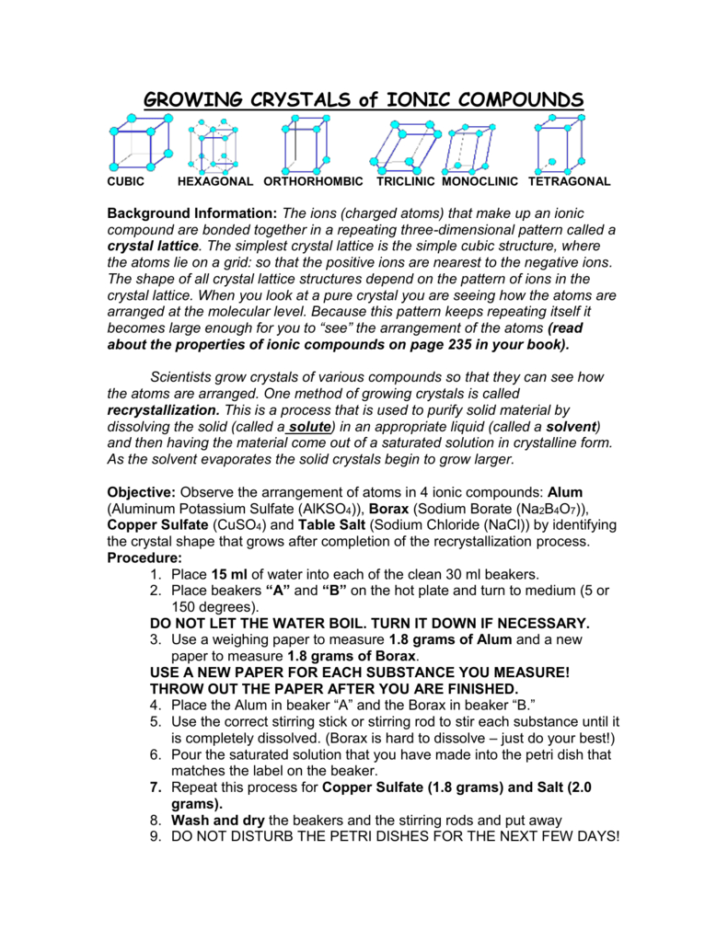 Growing Crystals Lab Worksheet —