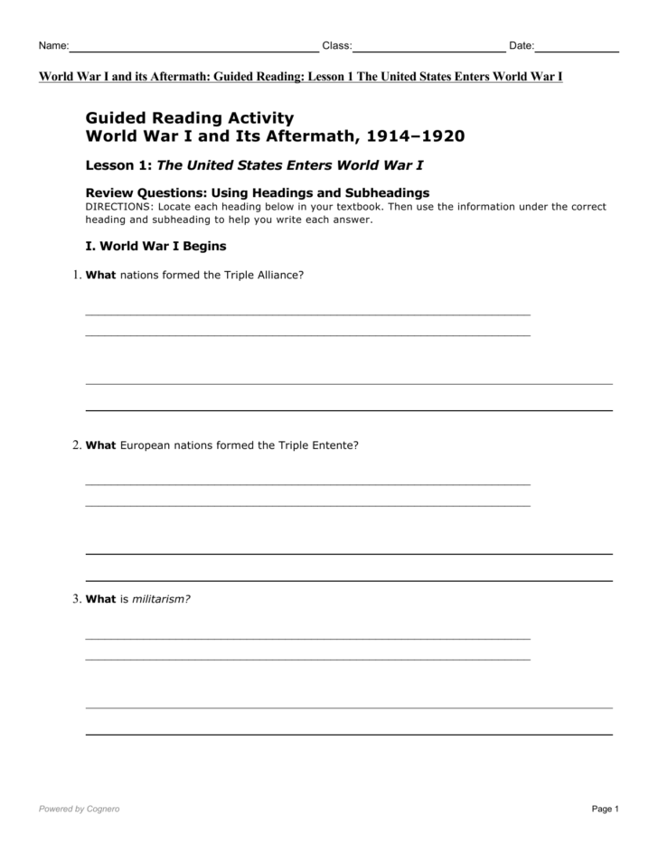 Chapter 11 Section 1 World War 1 Begins Worksheet Answers
