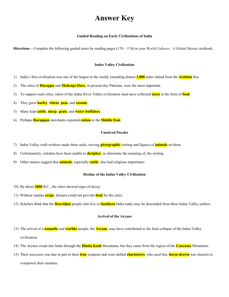 River Valley Civilizations Worksheet Answers