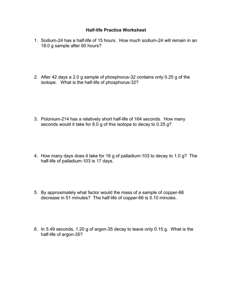 Half Life Problems Chemistry Worksheet With Answers