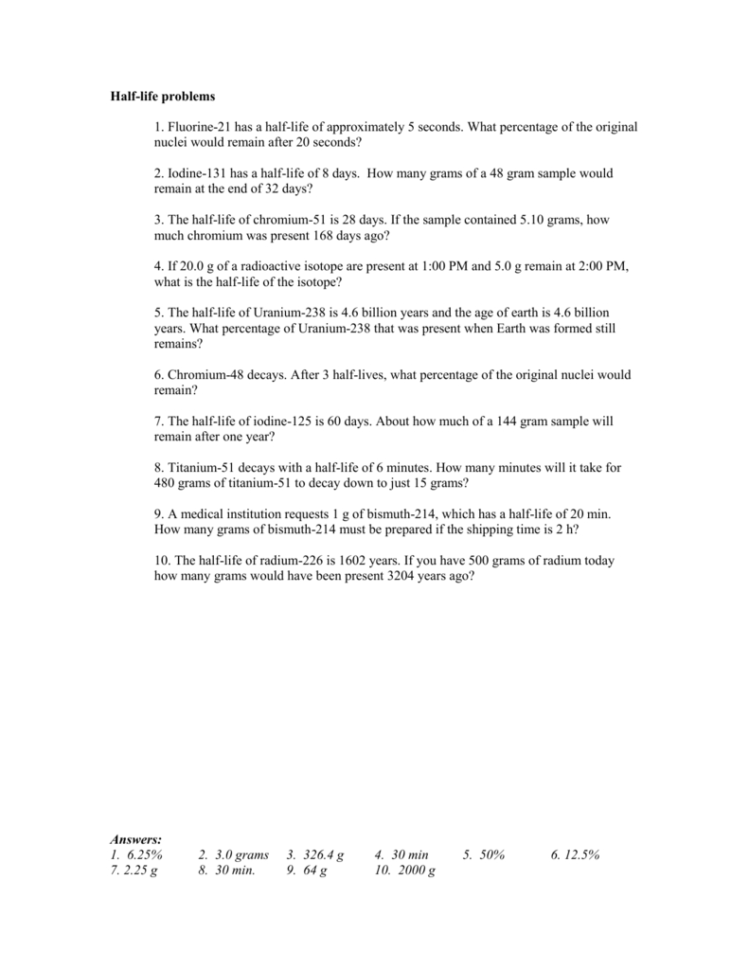Half Life Worksheet