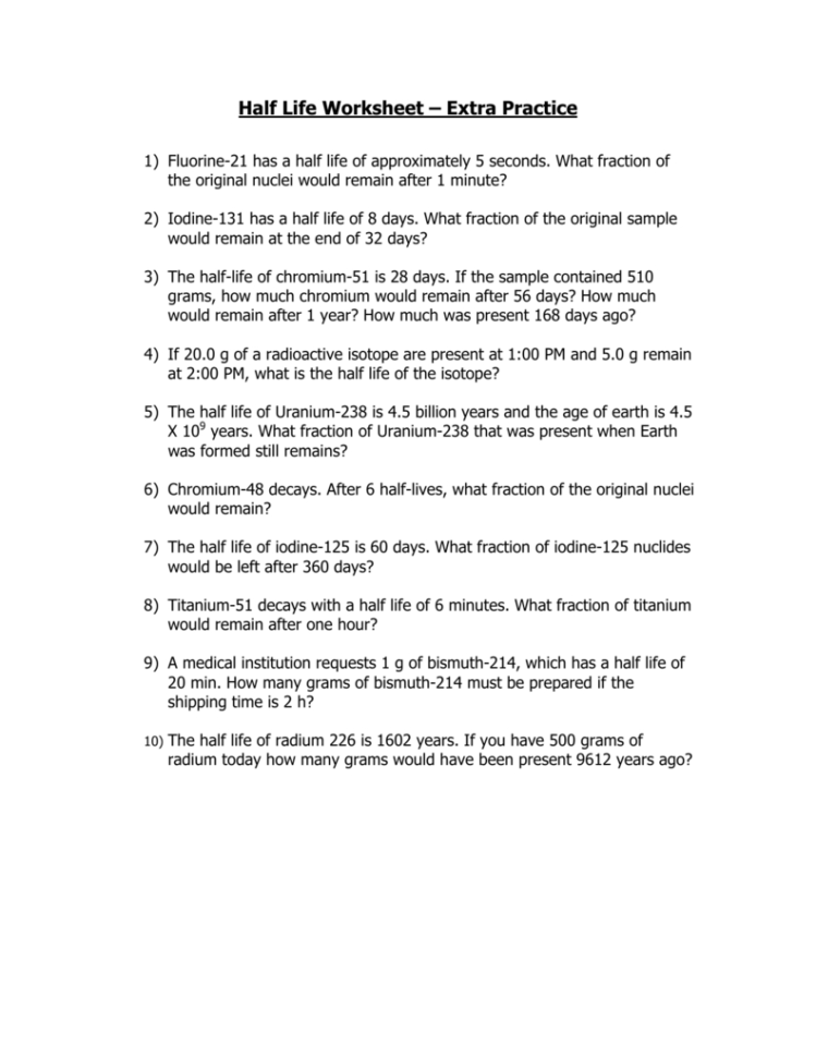 Half Life Worksheet – Extra Practice  Journiganwiki