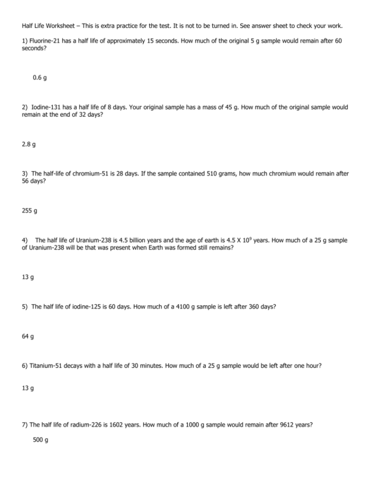 Half Life Worksheet Key