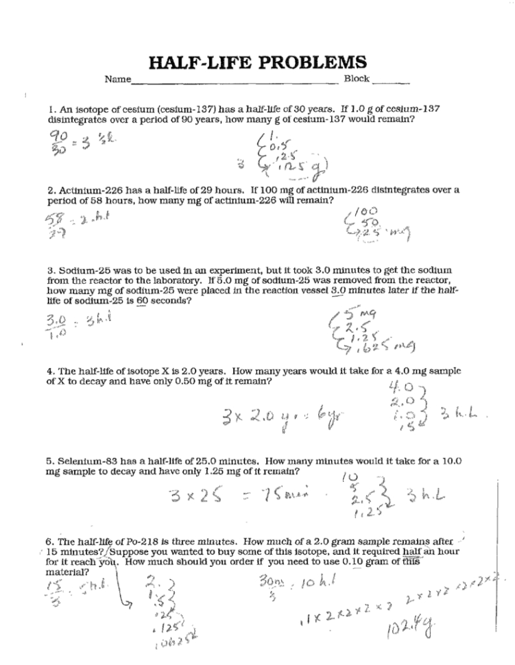 Half Life Worksheet Answers