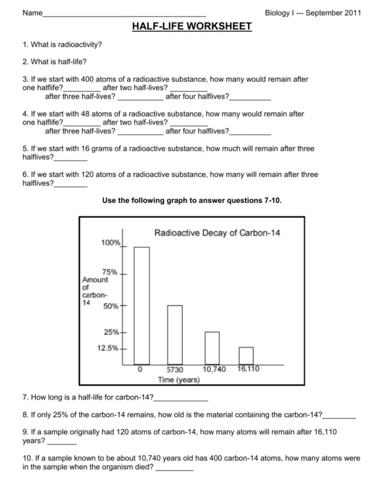 Halflife Worksheet  Hamilton Local Schools