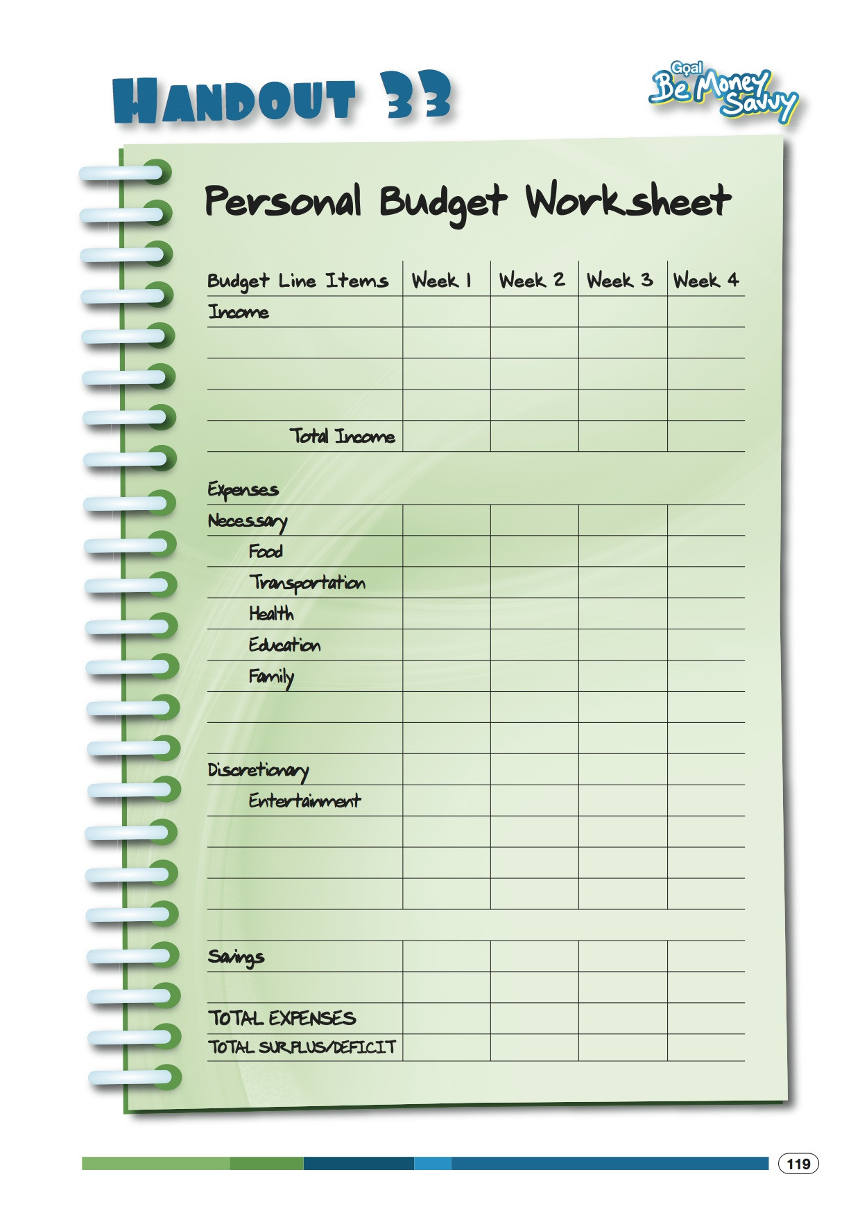 Handout 33  Personal Budget Worksheet  Women Win Curriculum