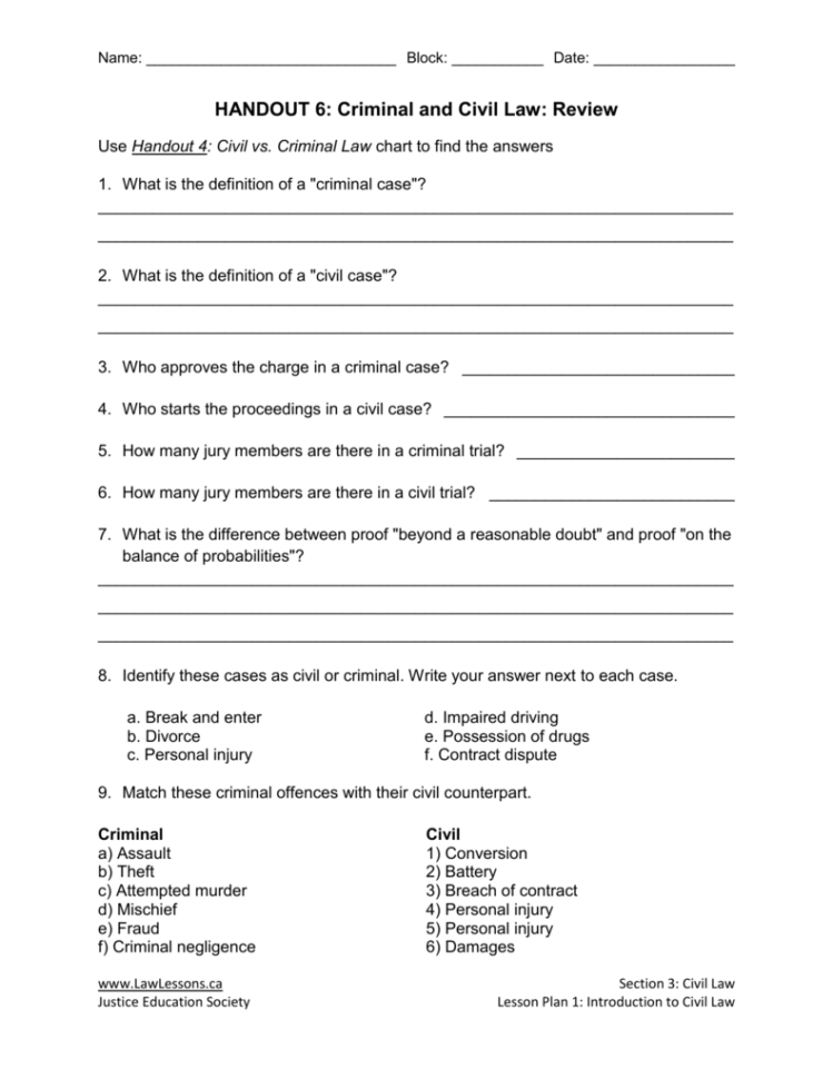 Handout 6 Criminal And Civil Law Review