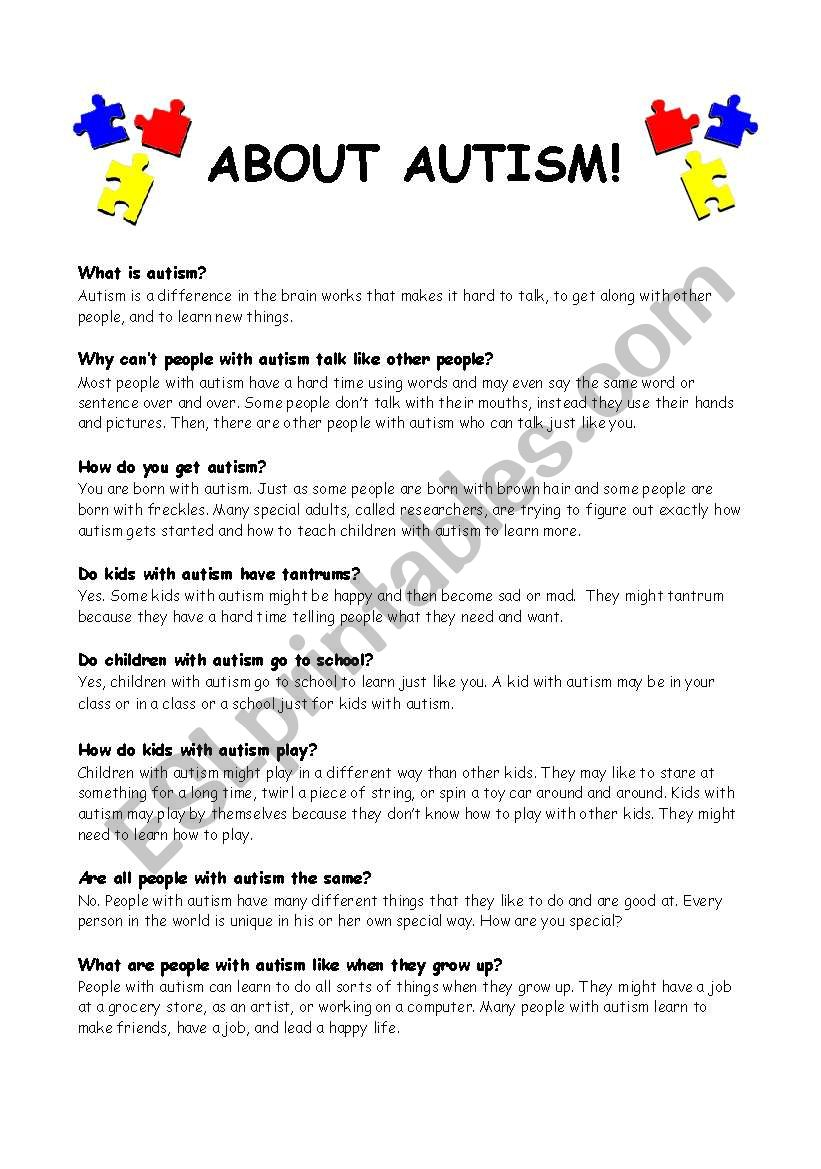 Handout For Kids And Adults About Autism  Esl Worksheetsakline