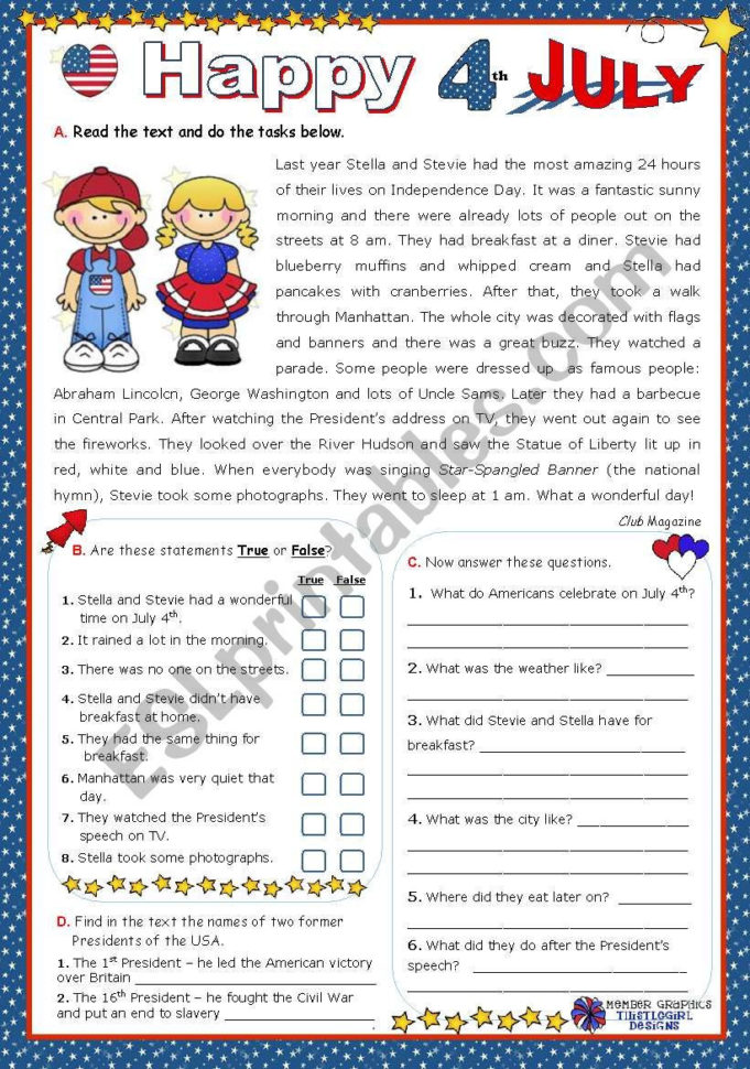 Happy 4Th July" Series 4  Reading Comprehension  Esl