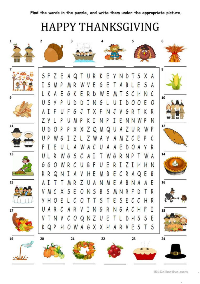 Happy Thanksgiving  Wordsearch Puzzle  English Esl Worksheets