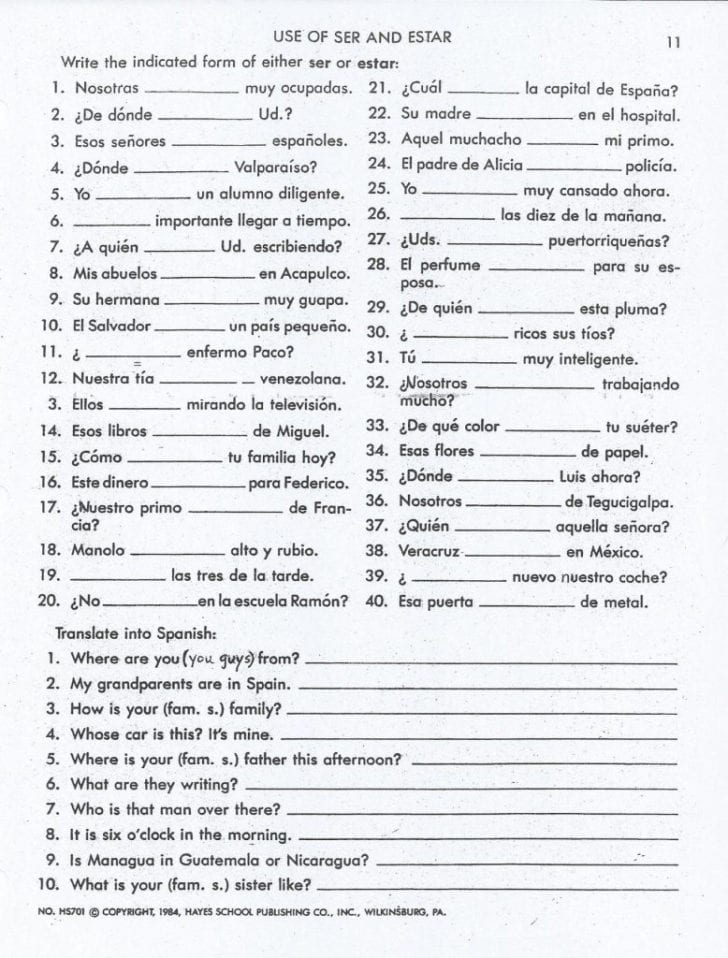 9Th Grade Spanish Worksheets