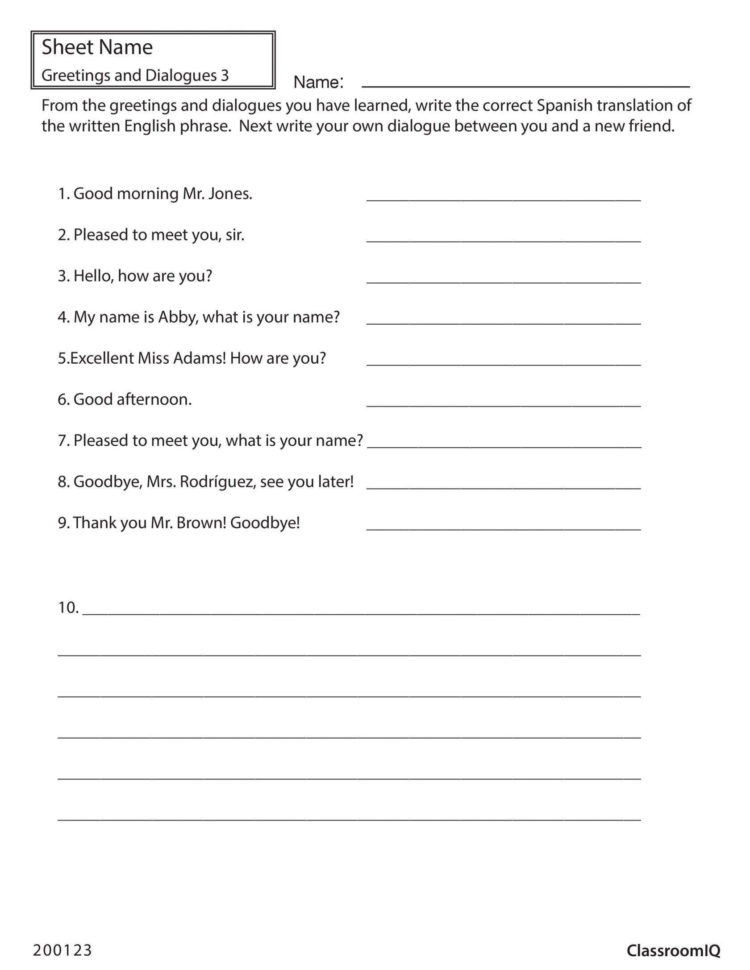 English To Spanish Worksheets For Adults