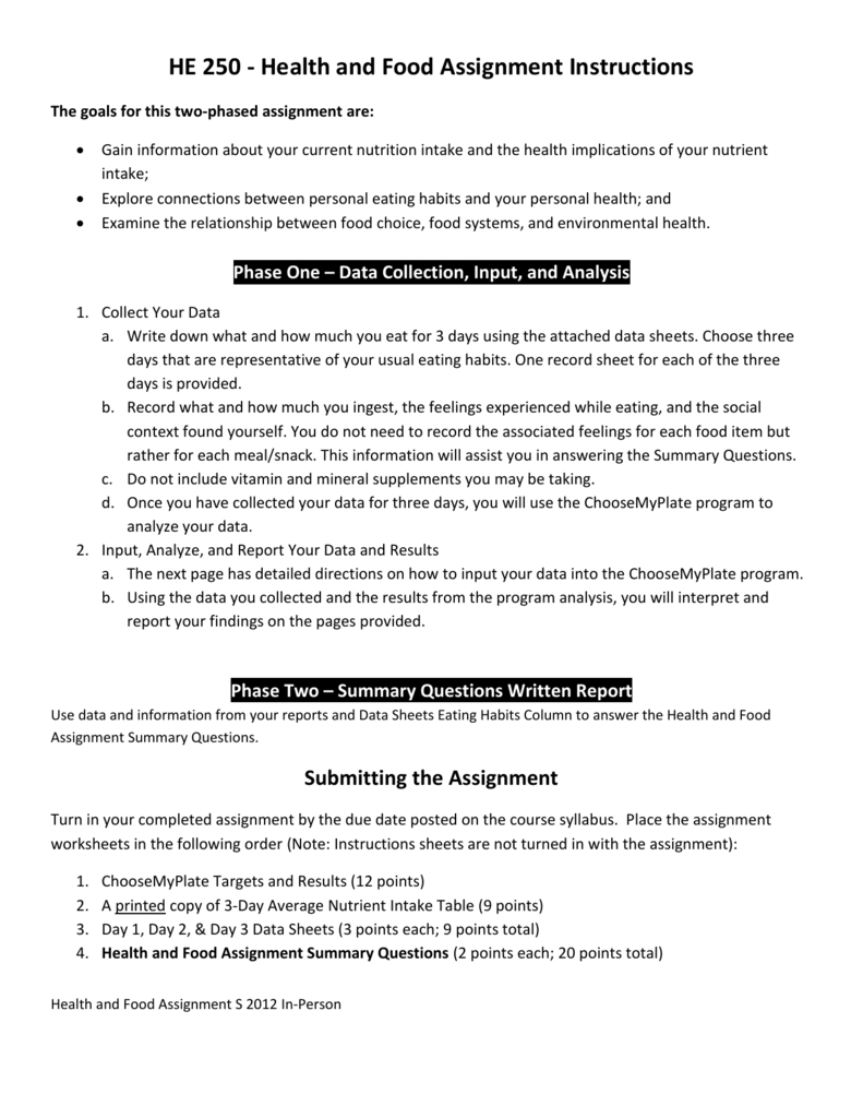 He 250  Health And Food Assignment Instructions